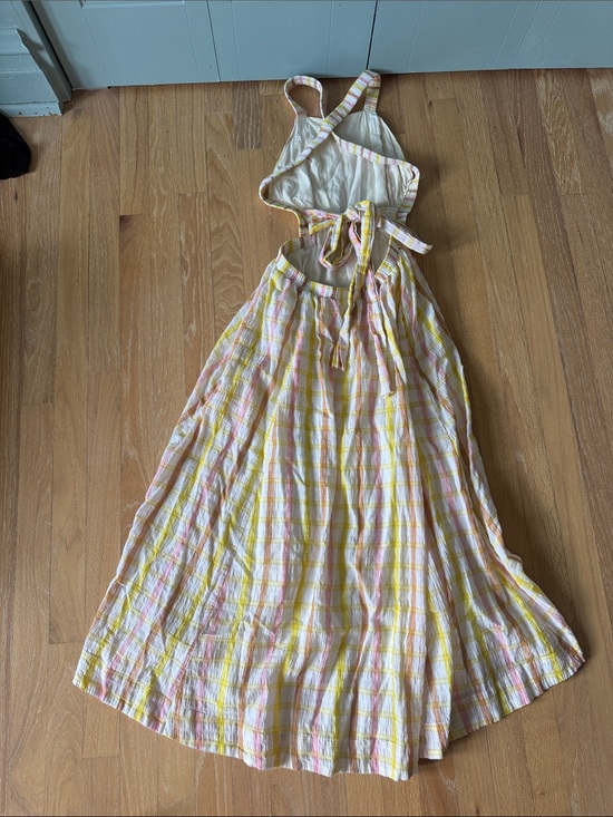 Mable Dresses & Skirts - Yellow & Pink Plaid Maxi Dress with Halter Tie Back